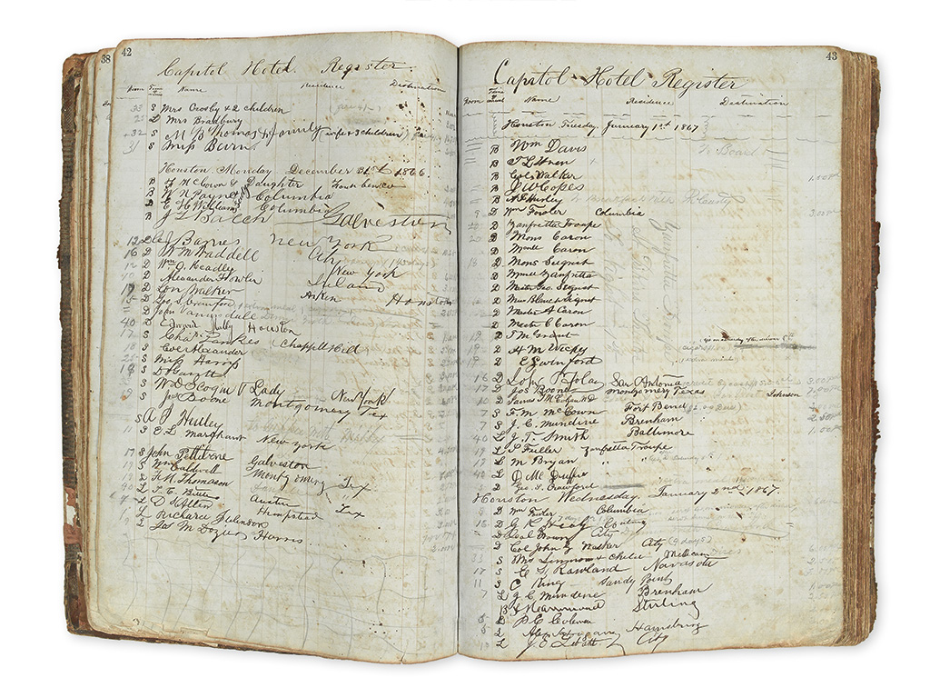 (TEXAS.) Manuscript guest register of the Capitol Hotel in Houston.
